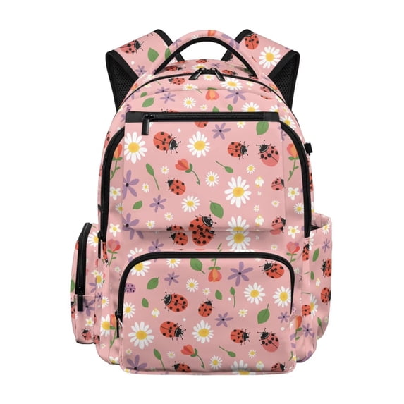 FKELYI Daisy Flower Ladybug Print 17 Inch Schoolbag Kids Backpack for Girls Spacious Lightweight School Bookbag Travel Rucksack Casual Daypack for Elementary Student