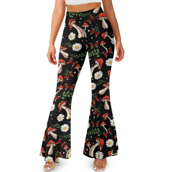 FKELYI Daisy Flower Mushroom Print Leggings Pants for Women Girls Bootcut Yoga Pants High-Waisted Yoga Leggings Slim-Fit Flare Leg Pants Sweatpants Bell Botom Athleticwear, XL