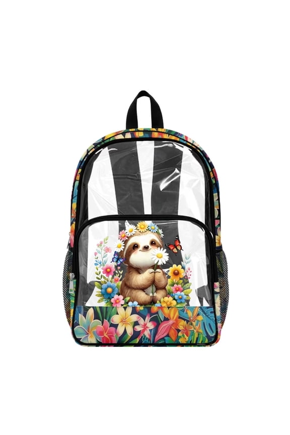 Daisy Flower Sloth Print 17 Inch Clear Backpack Kids Backpack See Through Schoolbag Spacious Bookbag Travel Bags for Elementary Student