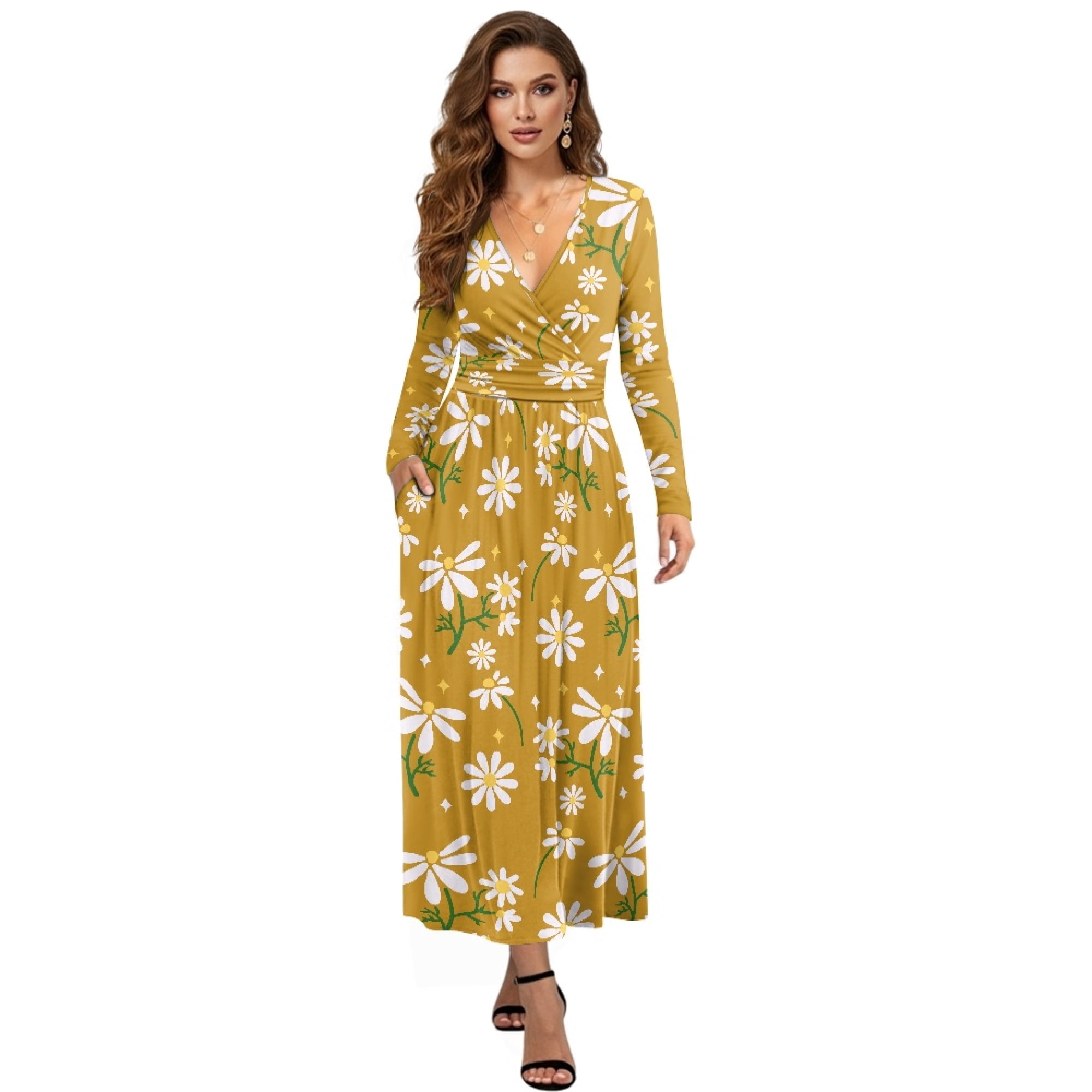 Fkelyi Daisy Flower Starry Print Womens Maxi Dress for Fall Casual Dress A-Line Tiered Flowy Long Sleeve Dresses with Side Pockets for Wedding Guest,