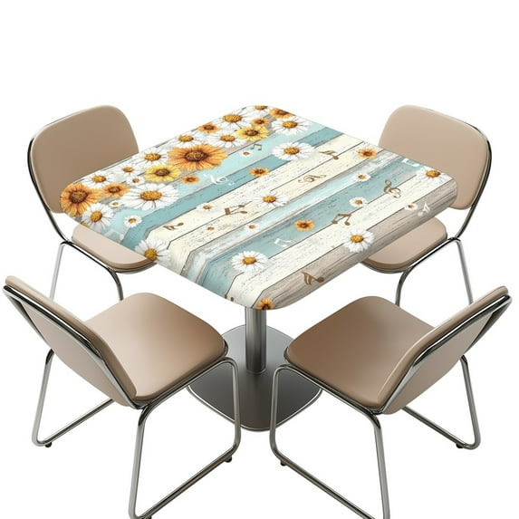 FKELYI Daisy Sunflower Plank Print Square Tablecloth with Elastic Edge Dustproof Table Cover for Outdoor Picnic Table Protector Kitchen Decoration, 36x36 inch