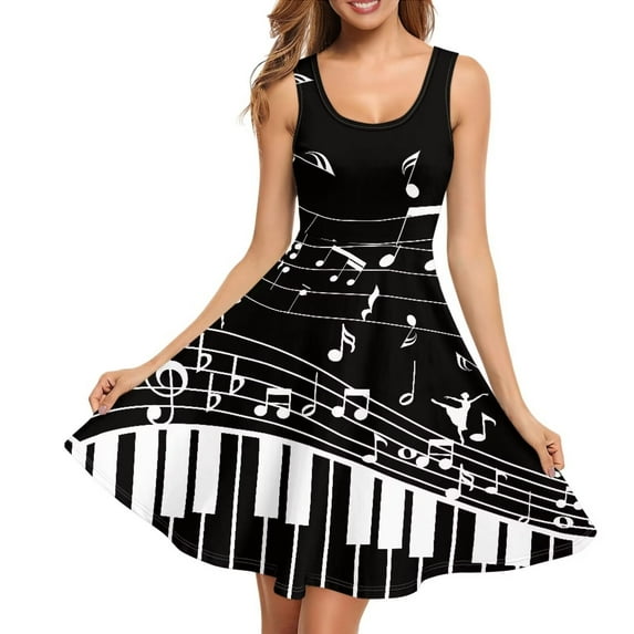 FKELYI Dance Music Notes Sleeveless Dress Breathable Vacation Sleeveless Midi Dress Elastic Party Tank Dresses for Women Size M