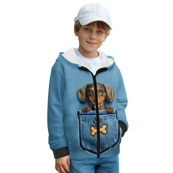 FKELYI Denim Texture Dachshund Dog Print Zip Up Hoodies Kids Sweatshirt with 2 Pockets Fleece Hooded Activewear Boys Fall Winter Clothes for Sport Travel, S