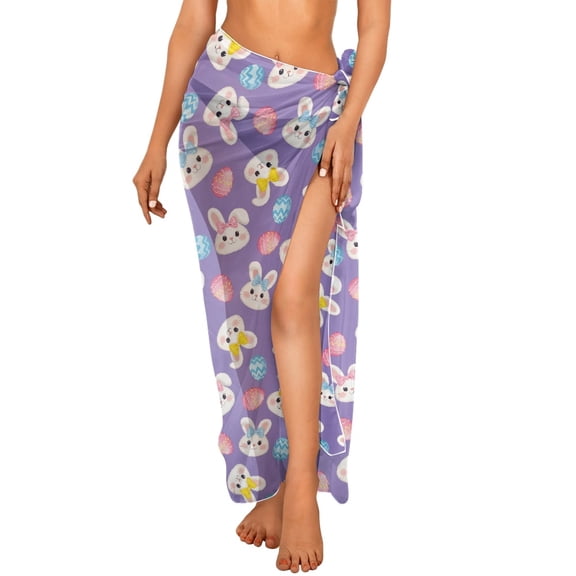 FKELYI Easter Egg Rabbit Purple Print Sarong Cover Up Long Beach Wraps for Women Bikini Cover Up Sheer Fabric Pareo Summer Swimwear Skirt Coverup for Bathing Suit for Lady