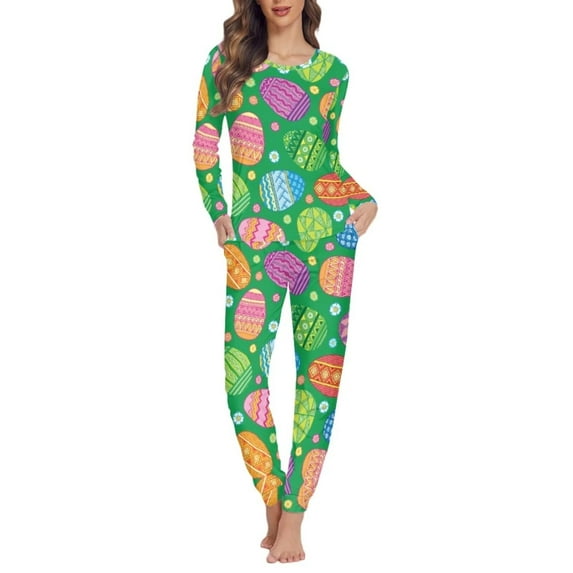FKELYI Easter Eggs Pajamas Green Size 2XL Polyester Long Sleeve Nightwear for Women Sleepwear 2-Pack Comfortable Crew Neck Daily Life Night Wear