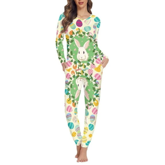 FKELYI Easter Rabbit Eggs Pajama Size 2XL Casual Vacation Long Sleeve Sleepwear 2-Piece Loose Flower Leaf Pj Loungewear Tops and Pants Set for Women