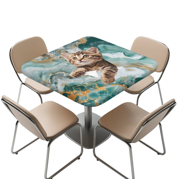 FKELYI Elastic Table Cover Green Gold Marble Texture Print Square Tablecloth for Outdoor Picnic Washable Dustproof Table Protector Kitchen Decoration Home Accessories, 36x36 inch