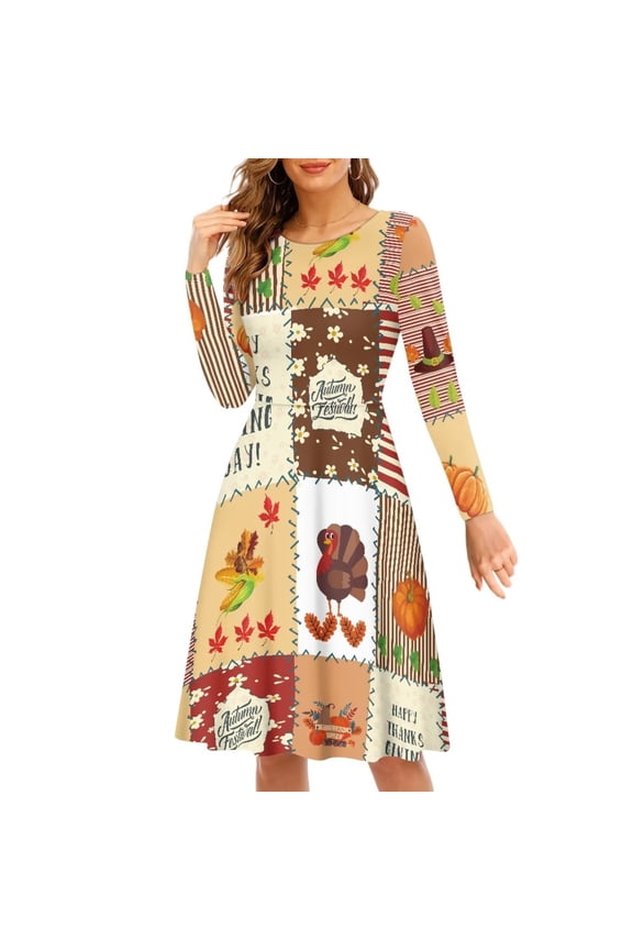 Fall Buffalo Grid Women Dress Szie S Leisure Thanksgiving Harvest Round Neck Swing Dress Durable Long Sleeve Dress for Women Wedding Guest