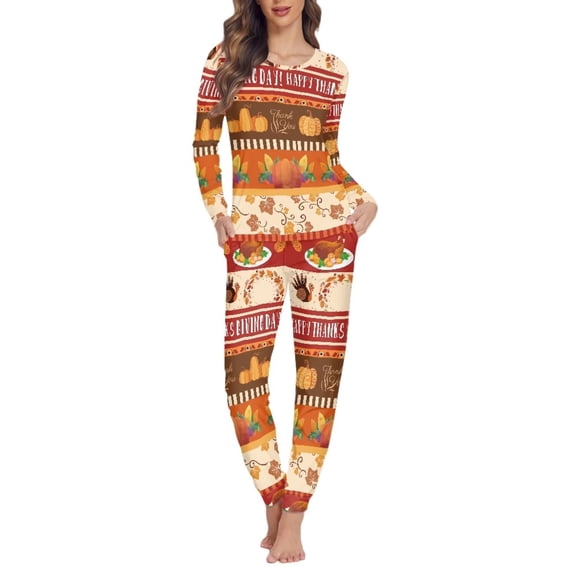 FKELYI Fall Farmhouse Long Sleeve Pj Size 5XL Breathable Thanksgiving Pumpkin Pajamas for Ladies Night Leisure Women Sleepwear 2 Piece