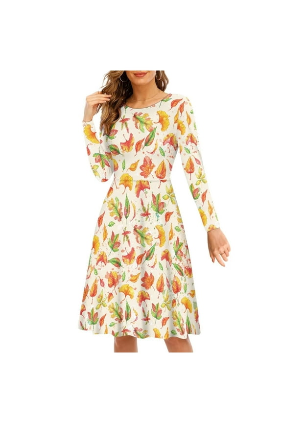 Fall Harvest Women Dresses Size M Soft Happy Thanksgiving Women's Long Sleeve Dresses for Fall Elastic Twirly Skater Dress Knee Length