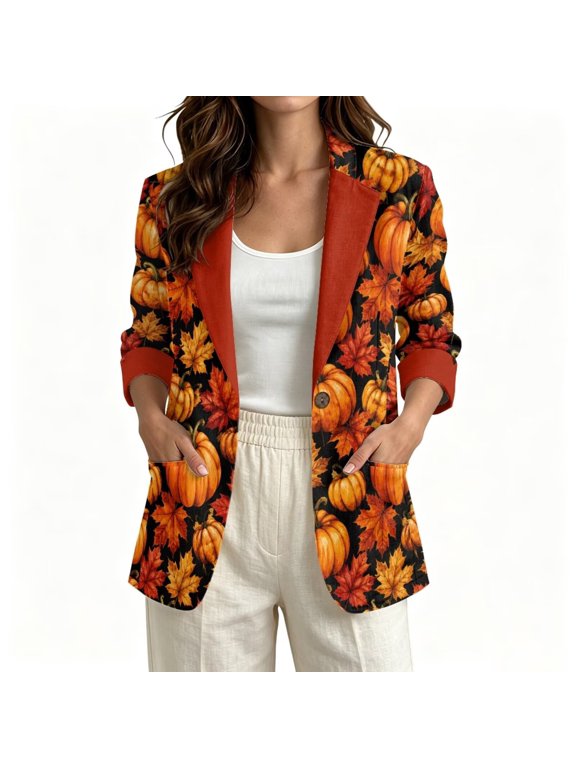 Fall Maple Leaf Pumpkin Print Womens Faux Linen Blazer Casual Lapel Design Suit Jacket with Pockets Linen-Like Cardigan Coat for Spring Fall 3/4 Sleeve Work Blazer, M