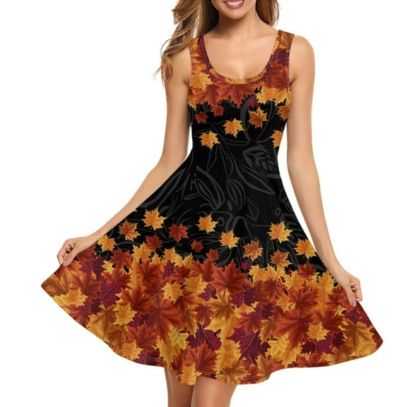 FKELYI Fall Maple Leaf Sleeveless Dress Polyester Sleeveless Dresses Long Size XS Comfortable Thanksgiving Harvest Women Summer Dresses