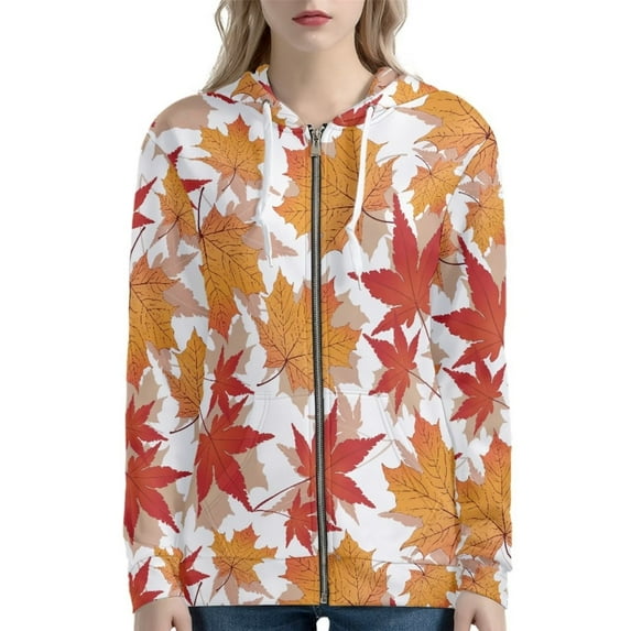 FKELYI Fall Maple Leaf Zipper Hoodie Size S Stretchy Long Sleeve Hooded Sweatshirt for Women Polyester Thanksgiving Ladies Zipper Sweaters Jacket