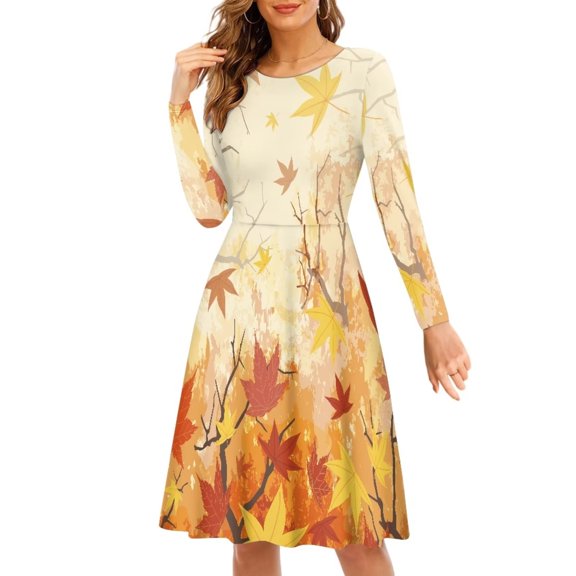 FKELYI Fall Maple Leaves Women Dress Size 4XL Casual Hallo Thanksgiving Women Long Sleeve Dresses Formal Comfortable Swing Skater Midi Dress