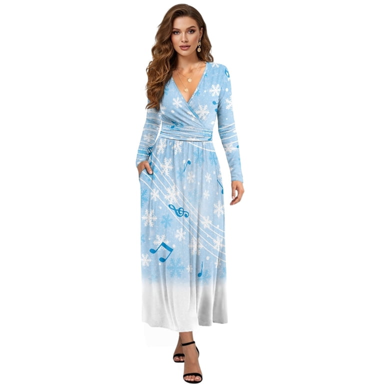 FKELYI Fall Maxi Dress for Women Long Sleeve A-Line Flowy Dresses with Side  Pockets Blue Musical Note Snowflake Print V Neck Casual Dress for Spring  Winter, L - Walmart.com