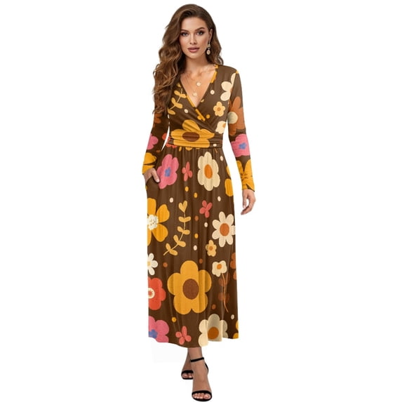 FKELYI Fall Maxi Dress for Women Long Sleeve V Neck Wedding Guest Dresses Autumn Flower Leaf Print Flowy A-Line Elegant Dress with Pockets for Spring, 3XL