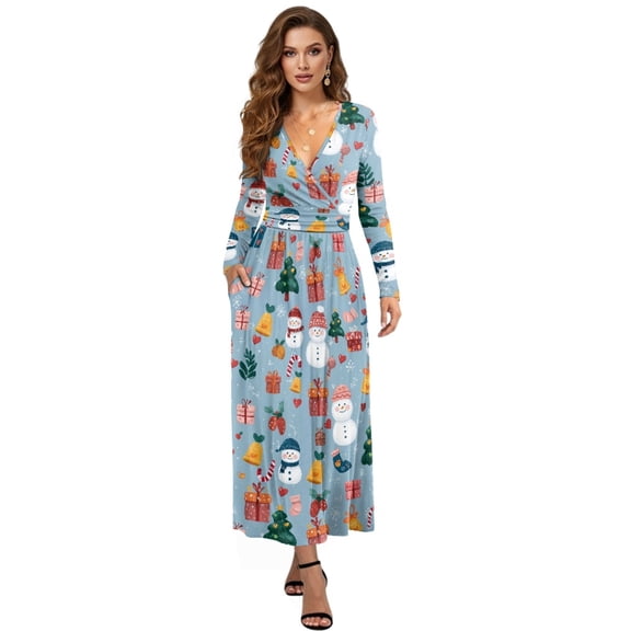 FKELYI Fall Maxi Dress for Women Long Sleeve V Neck Wedding Guest Dresses Christmas Tree Snowman Print Flowy A-Line Elegant Dress with Pockets for Spring, 2XL
