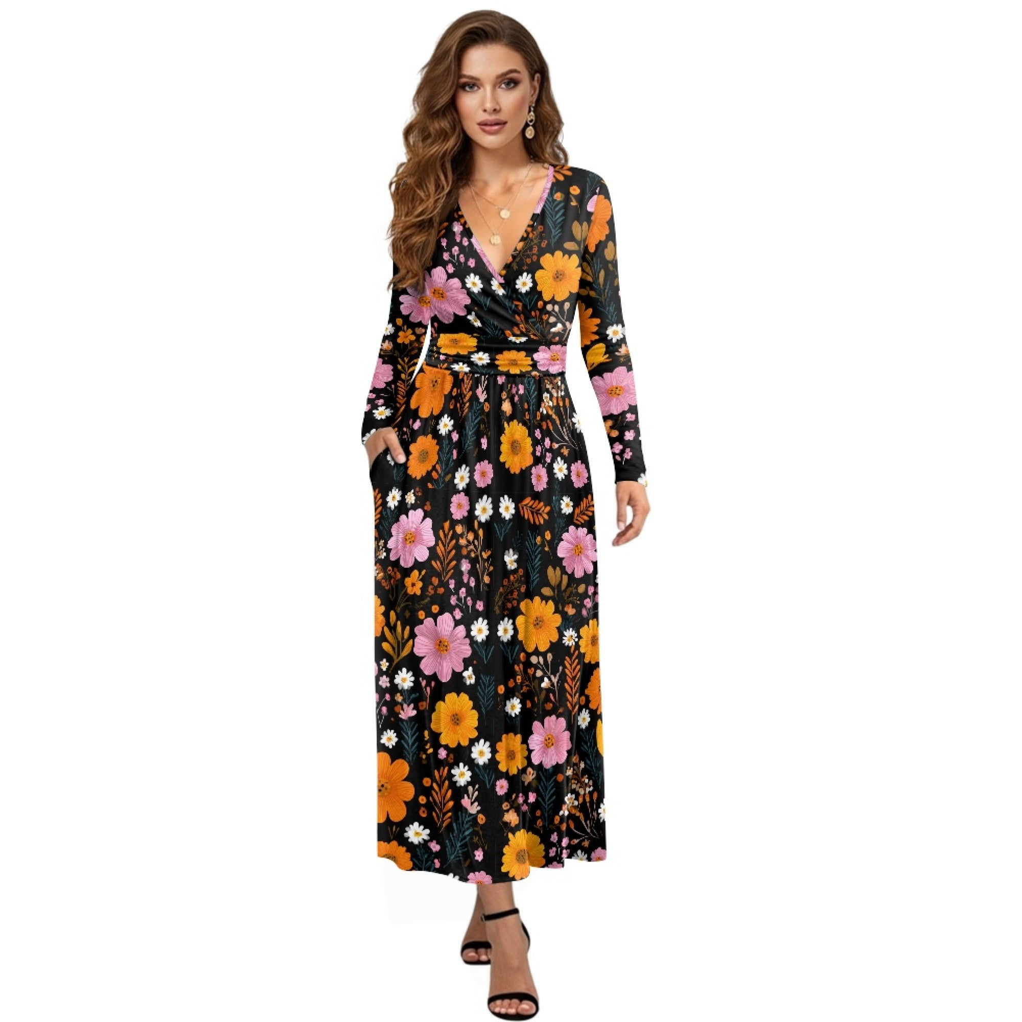 Fkelyi Autumn Maple Leaf Print Fall Maxi Dress for Women Long Sleeve V Neck Wedding Guest Dresses Flowy A-Line Elegant Dress with Pockets for SSpring,