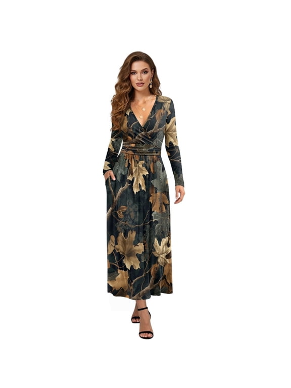 Fall Maxi Dress for Women Long Sleeve A-Line Flowy Dresses with Side Pockets Forest Maple Leaf Print V Neck Casual Dress for Spring Winter, M