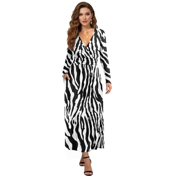 FKELYI Fall Maxi Dress for Women Long Sleeve V Neck Wedding Guest Dresses Black Zebra Print Flowy A-Line Elegant Dress with Pockets, 3XL