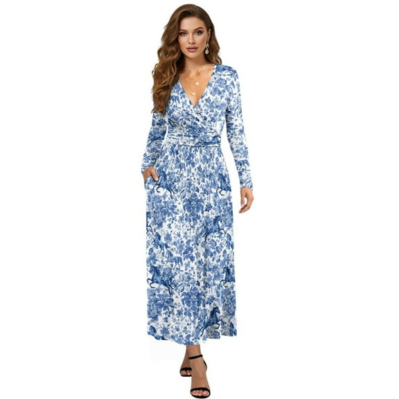 FKELYI Fall Maxi Dress for Women Long Sleeve V Neck Wedding Guest Dresses Blue Flower Horse Print Flowy A-Line Elegant Dress with Pockets, 2XL
