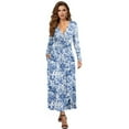 thumbnail image 1 of FKELYI Fall Maxi Dress for Women Long Sleeve V Neck Wedding Guest Dresses Blue Flower Horse Print Flowy A-Line Elegant Dress with Pockets, XL, 1 of 6