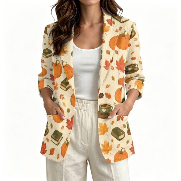 FKELYI Fall Pumpkin Maple Leaf Print Women's Faux Linen Blazer Notched Lapel Jacket with Pockets 3/4 Sleeve One Button Cardigan Coat for Business Party Travel, S