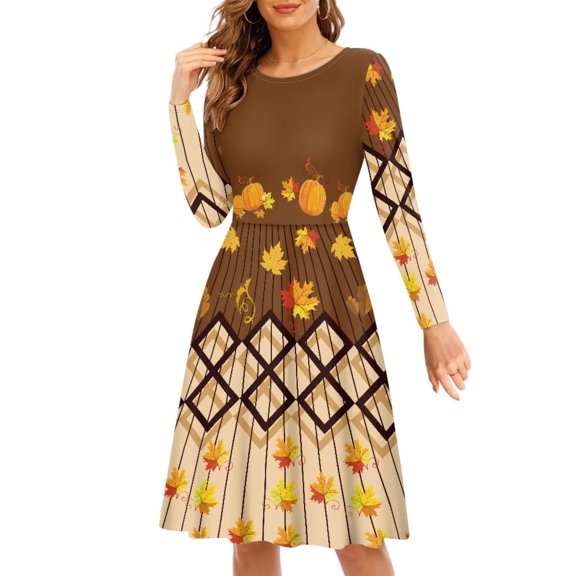 FKELYI Fall Pumpkins Women Dress Size S Comfy Women Long Sleeve Dress to Look Thin Thanksgiving Maple Leaf A Line Skater Casual Twirly Dress