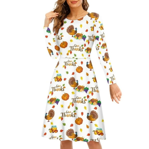 FKELYI Fall Pumpkins Women Dresses Size 2XL Comfy Thanksigving Turkey Women Dress Long Sleeve Party Leisure Swing Twirl Skater Dress Knee Length