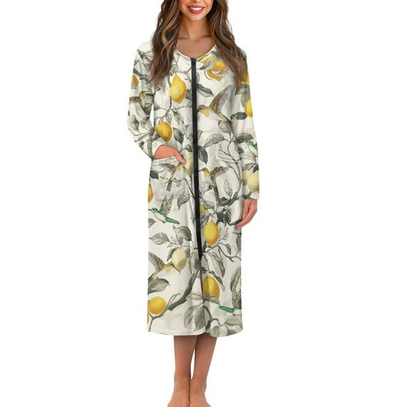 FKELYI Fall Zipper Front Robes Nightgowns Retro Lemon Hummingbird Print Women's Sleepwear Dress with 2 Pockets Comfy Housecoat Nightwear Dress Long Sleeve Loungewear, XL