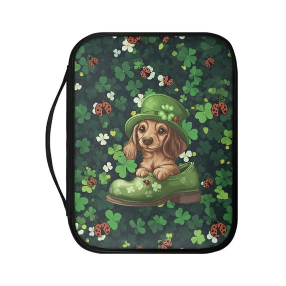 FKELYI Faux Leather Bible Cover St.Patrcik's Day Shamrock Dachshund Dog Print Church Bible Bag with Zipper Pocket Dust-Prooft Book Organizer Holder for Prayer Outdoor Study