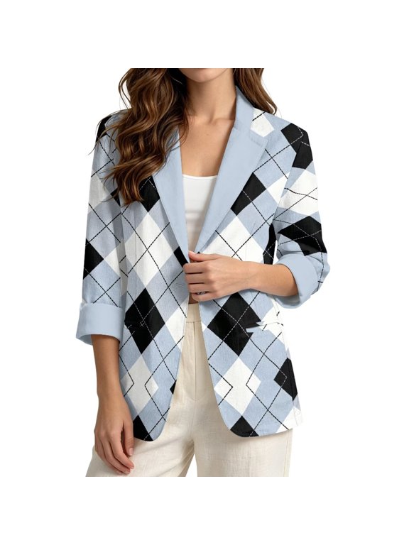 Faux Linen Blazer Jacket for Women Casual One Button Suit Jacket with Pockets Diamond Geometric Blue Print Breathable Cardigan Coat for Spring Summer Fall, 2XL