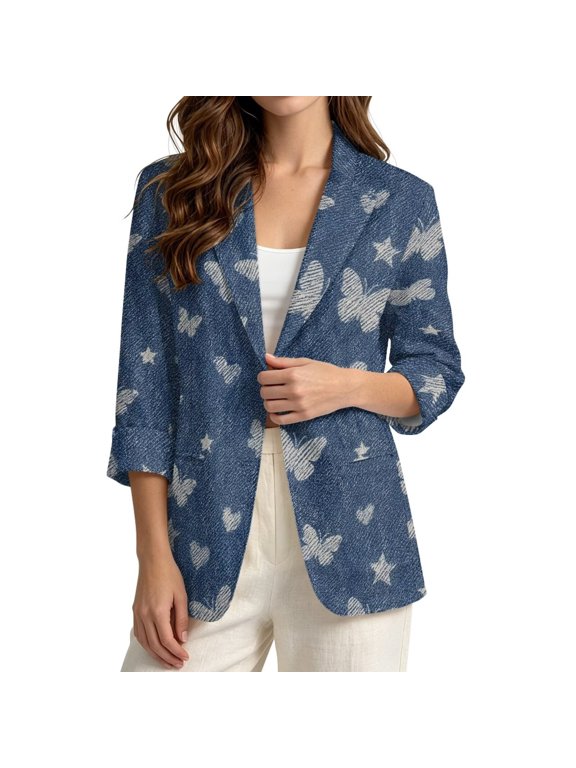 Faux Linen Blazer Jacket for Women Casual One Button Suit Jacket with Pockets Love Butterfly Denim Texture Print Breathable Cardigan Coat for Spring Summer Fall, 2XL