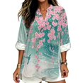 thumbnail image 1 of FKELYI Faux Linen Shirts Cherry Flower Hummingbird Print Women's Roll Up Sleeve Blouse Soft Beach Vacation Outfits Loose Fit V-Neck Summer Top Shirts for Ladies, 5XL, 1 of 5