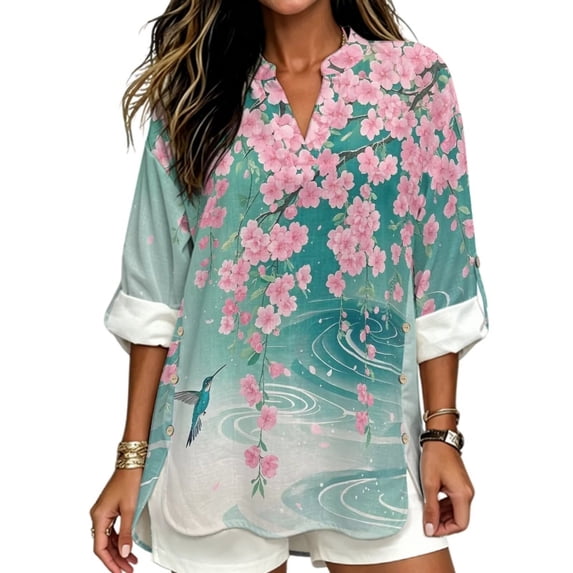 FKELYI Faux Linen Shirts Cherry Flower Hummingbird Print Women's Roll Up Sleeve Blouse Soft Beach Vacation Outfits Loose Fit V-Neck Summer Top Shirts for Ladies, 5XL