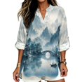 thumbnail image 1 of FKELYI Faux Linen Shirts Women's Roll Up Sleeve Blouse Oriental Moutain Blue Print Soft Beach Vacation Outfits Loose Fit V-Neck Summer Top Shirts for Ladies, XL, 1 of 5
