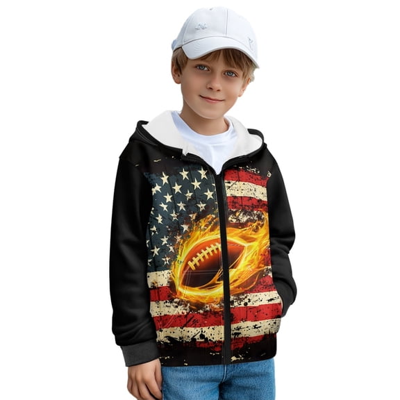 FKELYI Fire American Flag Rugby Print Zip Up Hoodies for Kids Fall Sweatshirt Jacket with Side Pockets Boys Girls Cosy Hooded Clothes Winter Activewear Top, XL