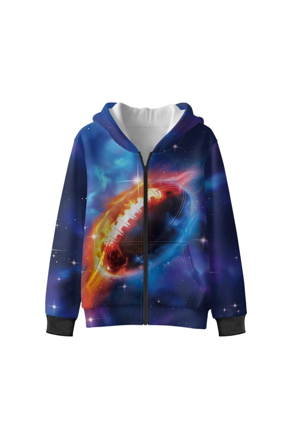 Fire American Football Rugby Starry Print Graphic Hoodies Kids Zipper Front Sweatshirt Boys Girls Fall Winter Jacket with Pockets Fleece Lining Hoodie, M