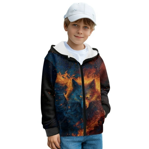 FKELYI Fire Wolf Print Zip-Up Hoodies with Pockets Fall Winter Jackets Boys Girls Hooded Sweatshirt Athletic Top Hoodie for School Home, L