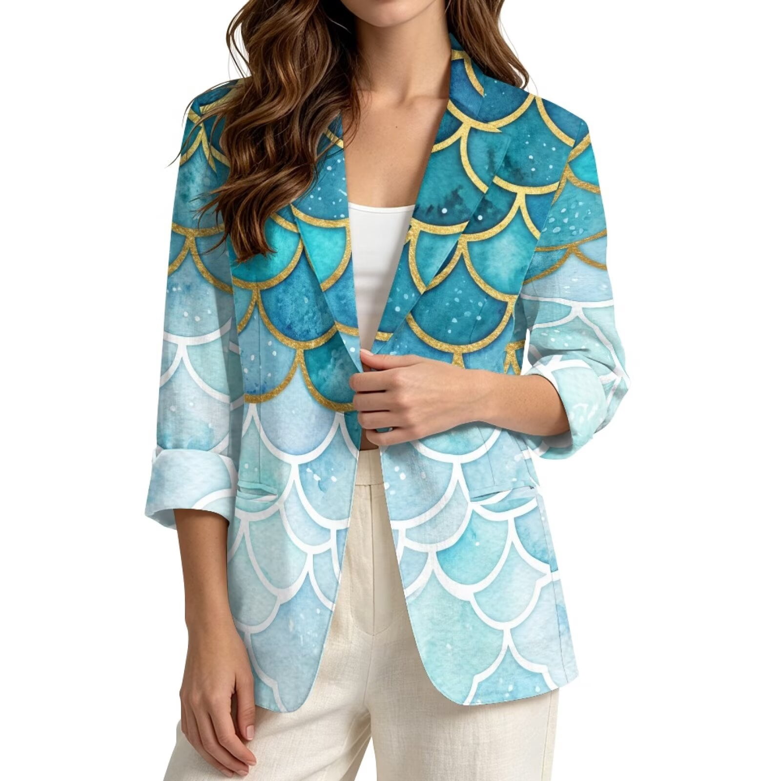 FKELYI Fish Scale Print Women's Faux Linen Blazer Casual Open Front 3/4 ...