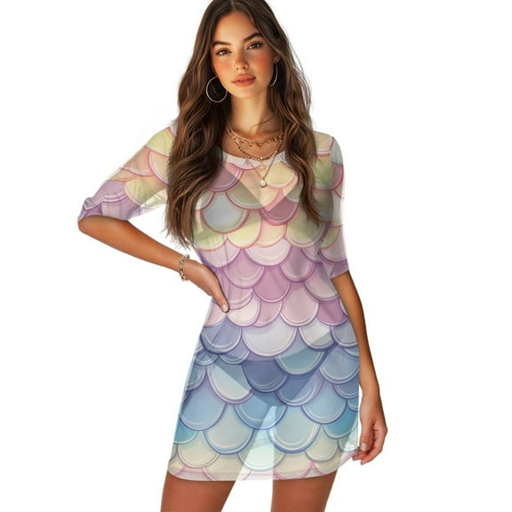 FKELYI Fish Scale Yellow Pink Blue Print Women's Swimwear Cover-Up Half Sleeve Beach Cover Ups Breathable Bathing Suit Coverup Round Neck Females Beachwear Dress for Summer Party, XS