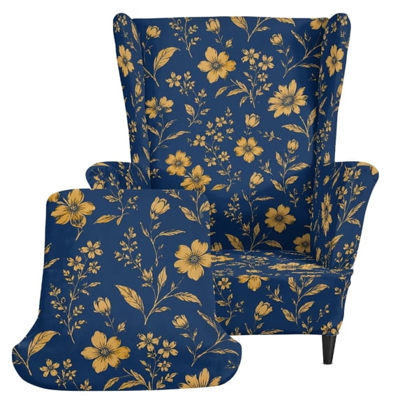 FKELYI Floral Blue Print Stretch Wing Back Chair Slipcover 2 Pcs Set Wingback Chair Sofa Cover with Elastic Bottom Spandex Fabric Furniture Protector Cover