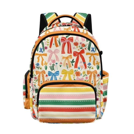 FKELYI Floral Bow Stripe Print Kids Backpack for Girls 17 Inch School Backpacks Large Capacity Bookbag with Multi-Pockets Casual Daypack for Elementary Student