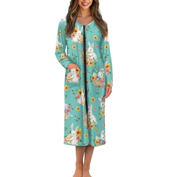 FKELYI Floral Bunny Green Print Women Zippered Robe Nightgowns Comfy House Coats Full Length Breathable Sleepwear House Dress Long Sleeve Bathrobe with 2 Pockets, 2XL