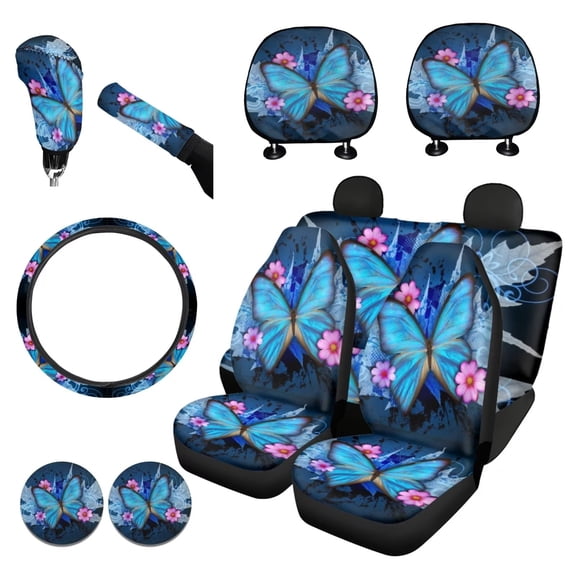 FKELYI Floral Butterfly Car Seat Cover 11pcs Universal Split Bench Backrest Cover Accessories with Car Headrest Cover+Auto Cup Coasters+Gear Shift Covers+Handbrake Covers+Steering Wheel Cover Blue