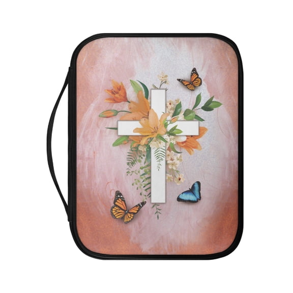 FKELYI Floral Butterfly Cross Print Bible Cover Faux Leather Book Cover with Handle Zippered Bible Case Large Capacity Church Bible Bag for Prayer Outdoor Study