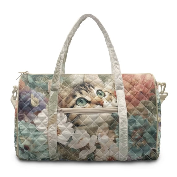 FKELYI Floral Cat Print Travel Duffel Bag for Women Men Weekender Bags Lightweight Quilted Luggage Bag with Zipper Pockets for Trip Gym Yoga