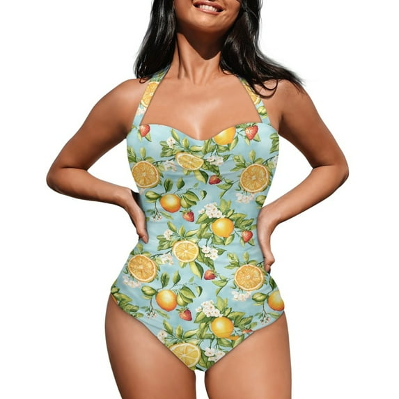 FKELYI Floral Lemon Strawberry Print One Piece Swimsuit V Neck Swimwear with Soft Pads Tummy Control Bathing Suit Summer Beachwear for Lady Women Swimming Surfing, 2XL