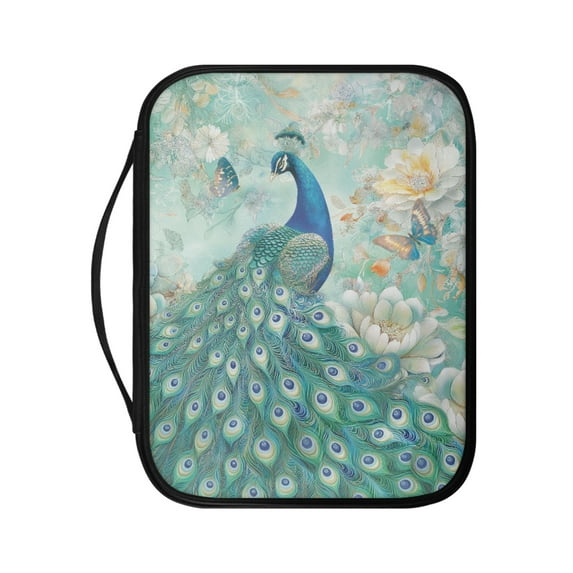 FKELYI Floral Peacock Butterfly Print Bible Cover with Handle Faux Leather Bible Case Book Cover with Zipper Pocket for Prayer Study Christian Bag Book Organzoer Holder