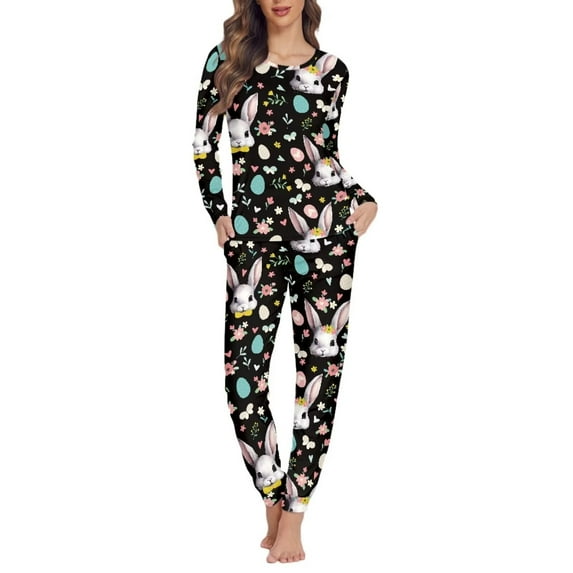 FKELYI Floral Rabbit Women Pjs Size XS Elastic Women's Novelty Print Pajamas Set of 2 Casual Easter Eggs Long Sleeve Nightwear Snug-Fit